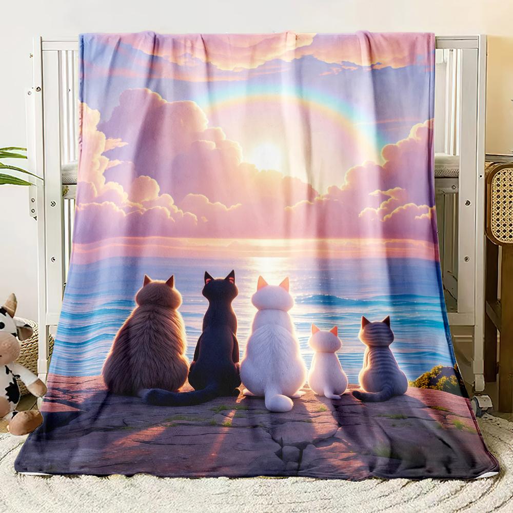 Cute Cat Watching Sunset Forest Flannel Blanket Soft Cozy Throw Blanket for Bed Sofa Couch Office Home Decor Customizable