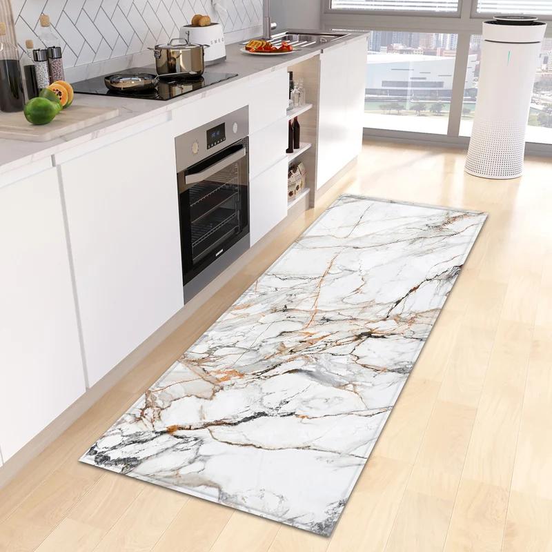 Marble Print Kitchen Runner Rug, Modern Gold Black Vein Non-Slip Water Oil Resistant Floor Mat