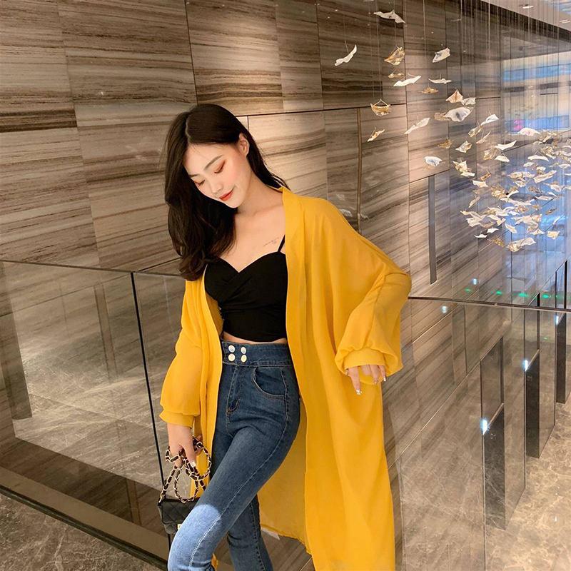 Женский пляжный солнцезащитный кардиган с рукавами «летучая мышь», шаль больших размеров, свободный внешний шифон с длинными рукавами, сплошной цвет до середины икры