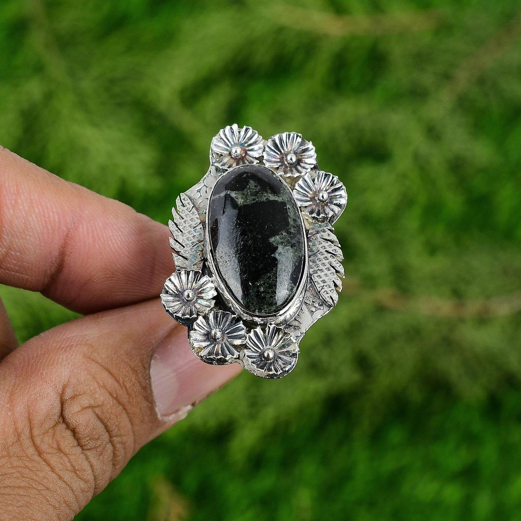 Natural Star Galaxy Jasper 925 Silver Flower Adjustable Ring For Girls