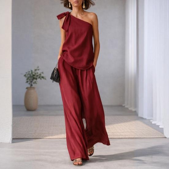 2 Piece Outfits for Women Summer One Shoulder Sleeveless Top And Wide Leg Pants Matching Lounge Set with