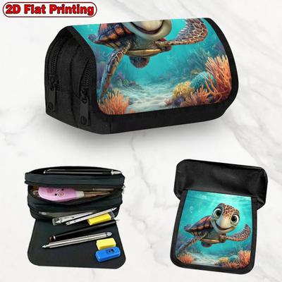 1pc Cartoon Turtle Design Double Layer Flip Pencil Case - Multi-Layer Flip Cover Design, Storage Bag, Zipper Closure, Suitable for Schools, Offices, A