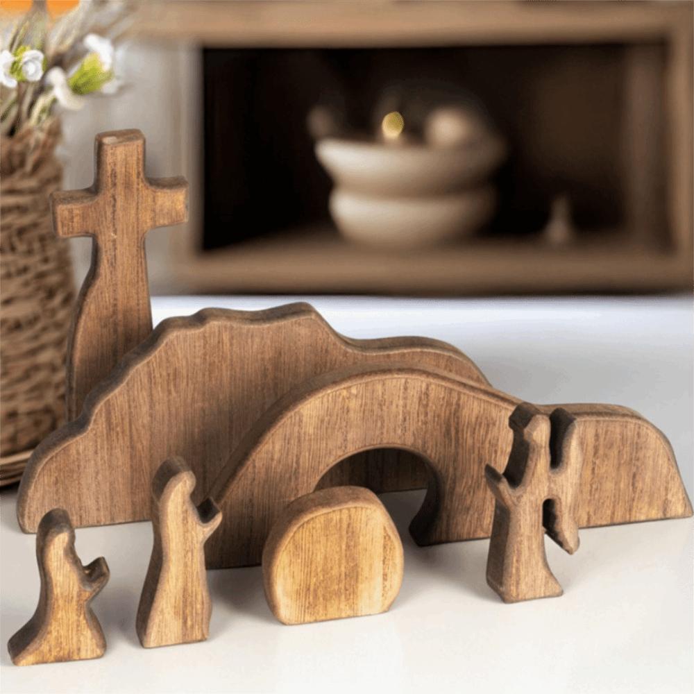 Портативный деревянный пустой гроб Пасхальная сцена Украшение Мини Декоративный поднос с гробницей Иисуса Набор DIY Пасхальный крест Украшение Подарок