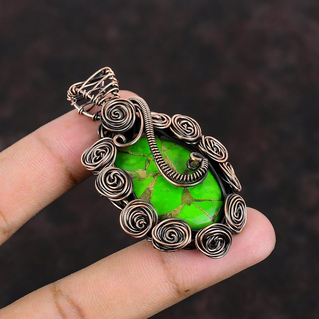 Медный Зеленый Бирюзовый Подвеска Подвеска, обернутая медной проволокой Подвеска ручной работы Украшения из проволоки Подвеска с драгоценным камнем Медные украшения Подарок для женщин