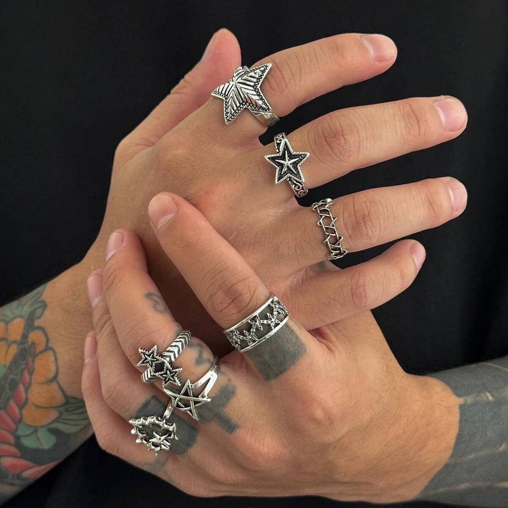 4/7Pcs Hip Hop Thorn Rings Unisex Star Heart Open Ring Sets Fashion Punk Gothic Exquisite Daily Wear Party Banquet Jewelry Gifts