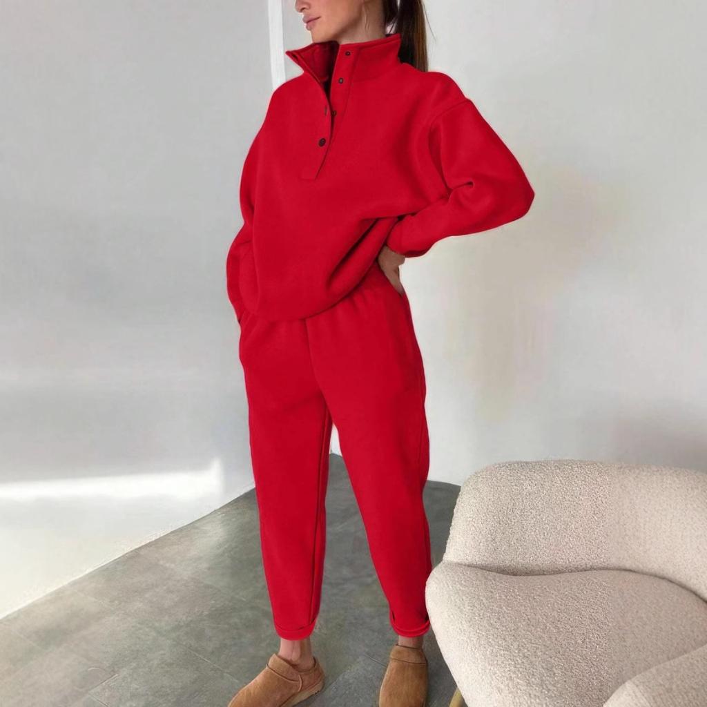 Весенне-осенний модный женский комплект худи с воротником на пуговицах и свободных брюк