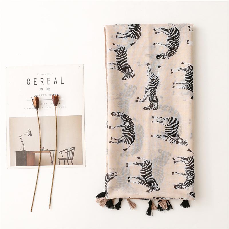 Japanese Style Fresh And Natural Animal Zebra Print Tassel Cotton Linen Hand Feel Scarf For Sun Protection And Warmth, Women'S Shawl
