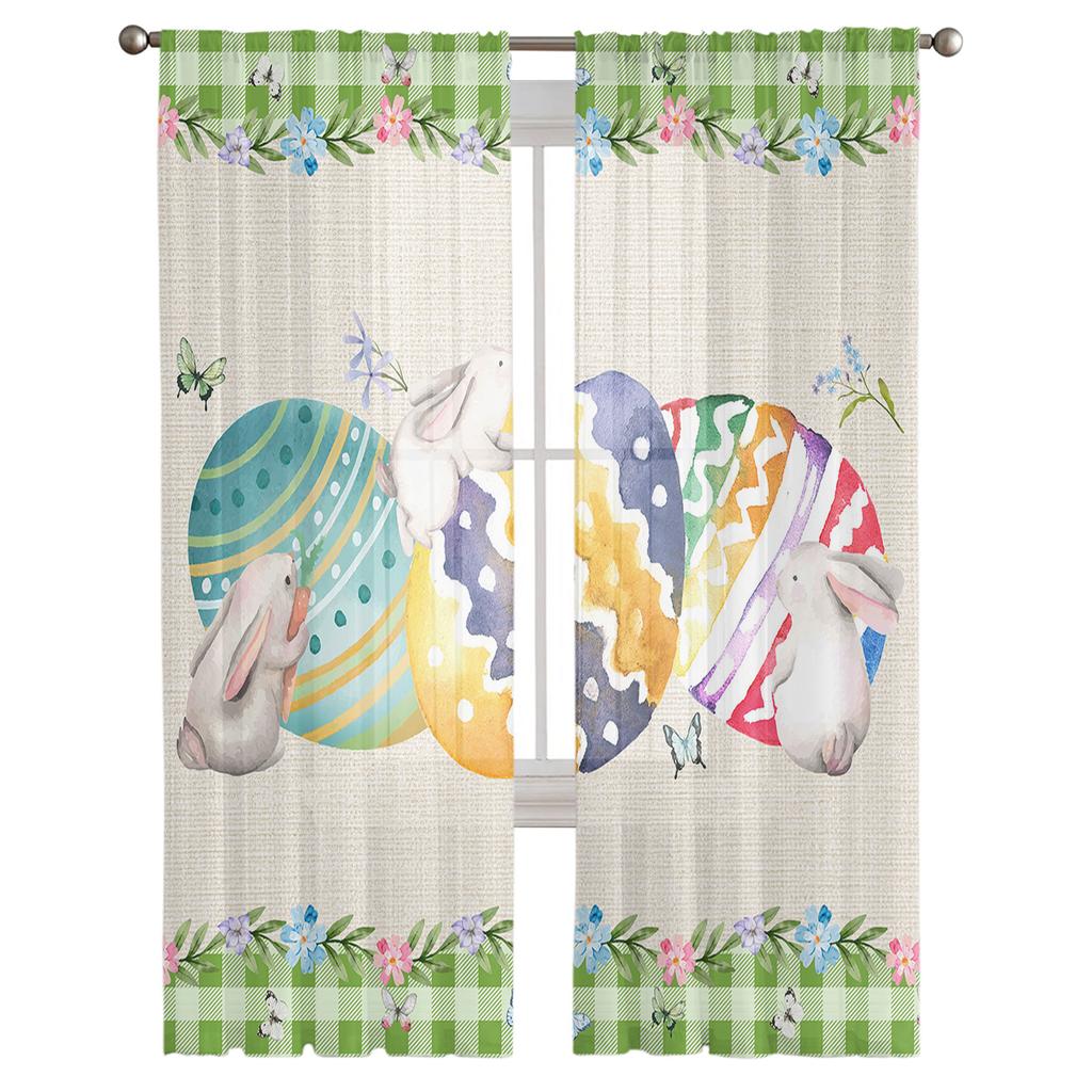 Тюлевые шторы с пасхальным кроликом и яйцом для гостиной, спальни, вуаль, прозрачная занавеска, оконный домашний декор, шторы