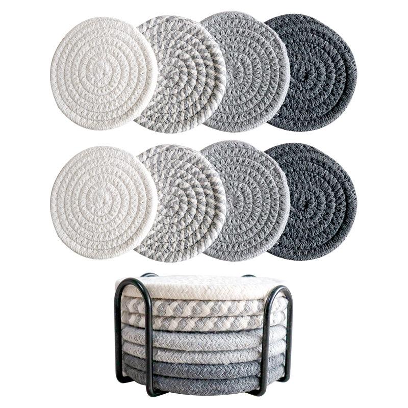 8Pcs Cup Coasters for Drinks Absorbent Woven Coaster Set with Holder Farmhouse Cloth Fabric Cup Coasters for Coffee Tea