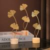 Golden Ginkgo Leaf Decoration with Wood Base Metal Feather Leaves Snowflake Figurine Statue Sculpture Home Office Living Room Desktop Ornament