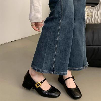 Французский вечерний бриз легкий рот одинарная обувь женская толстый каблук 2025 весна новая корейская версия маленькие кожаные туфли ретро средний каблук туфли Мэри Джейн