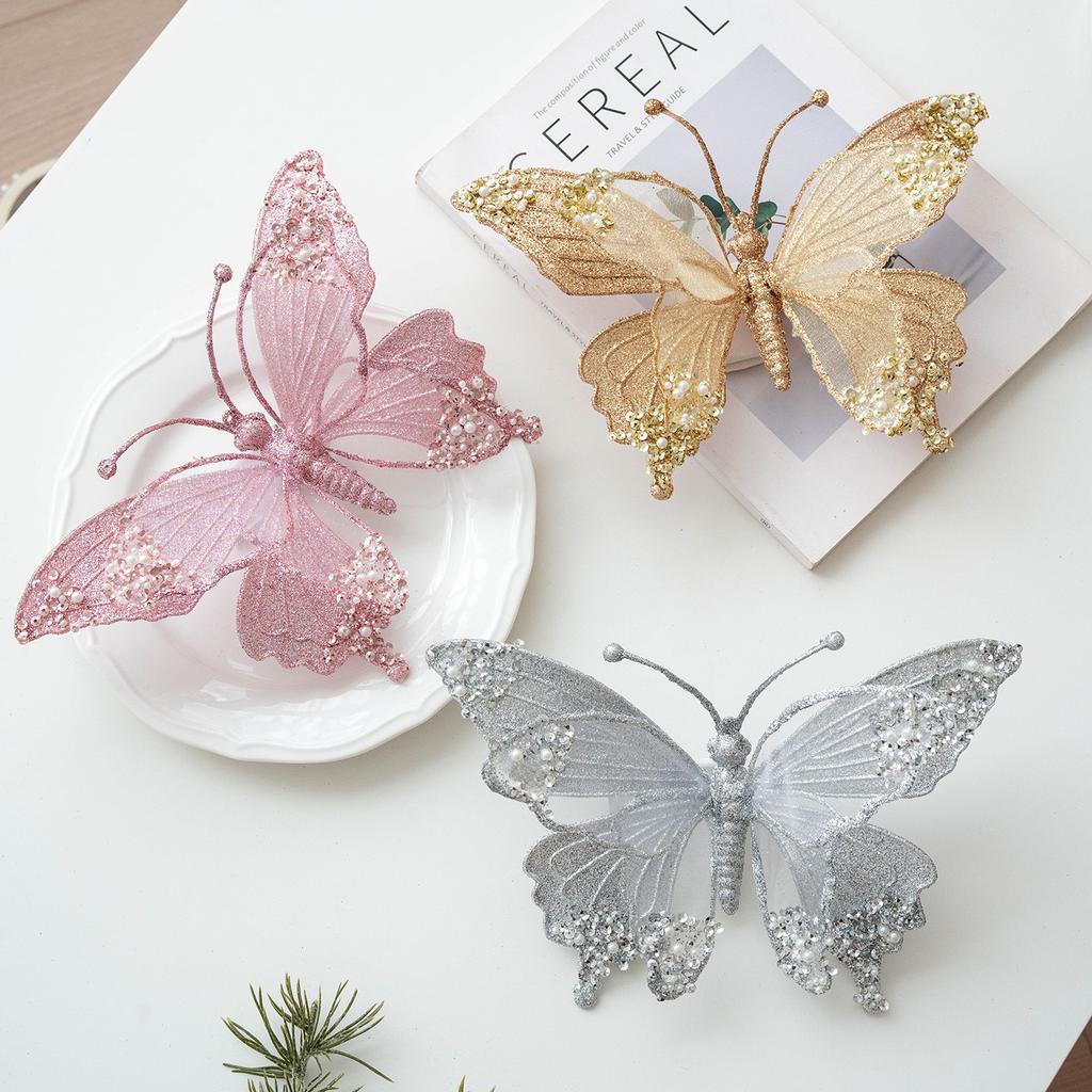 1pc 25cm Simulation Mesh Glitter Butterfly Decoration Christmas Tree Decoration Pendant Living Room Decoration Christmas Tree Embellishment