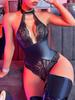 S-XXL Купальник-боди с вырезом на спине, кружевной, прозрачный, облегающий, из искусственной ПУ-кожи, с высоким вырезом, стринги, сексуальная одежда для клуба, боди-тедди, трико