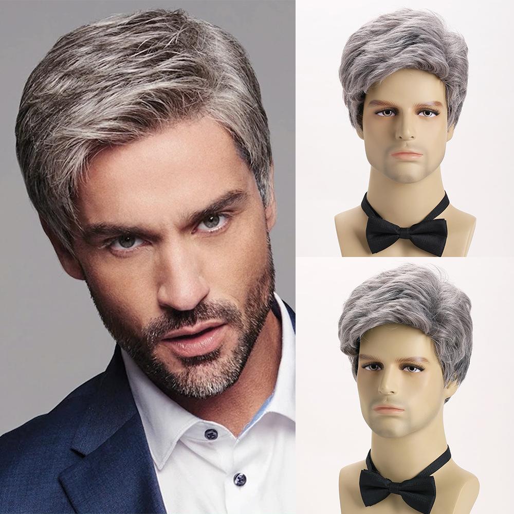 European and American Men's Fashion Daily Use Natural Looking Side Part Synthetic Fiber Silver Gray Short Curly Wig