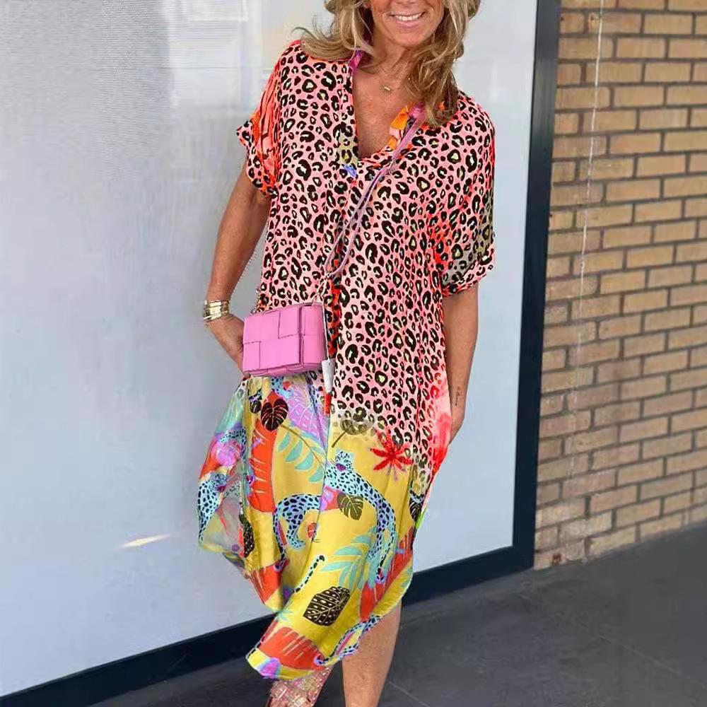 Leopard Print Patchwork Dresses Women V-neck Short Sleeves Pocket Loose Slit Midi Dress