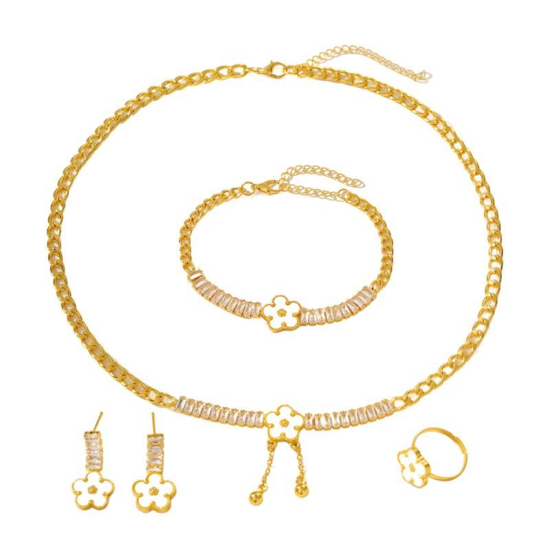 Elegant Clover Jewelry Set Women Stainless Steel Cuban Chain Necklace Bracelet Earrings Ring 5-Piece Luxury Accessory
