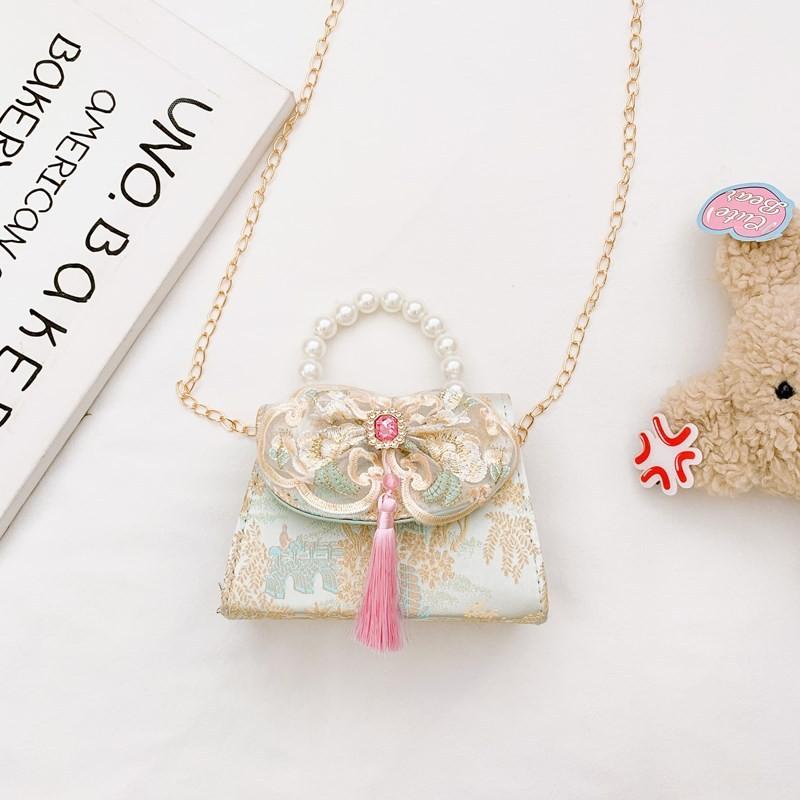 Lovely Geometric Patterned Shoulder Bag For Kids Featuring Chic Tassels And Elegant Pearls