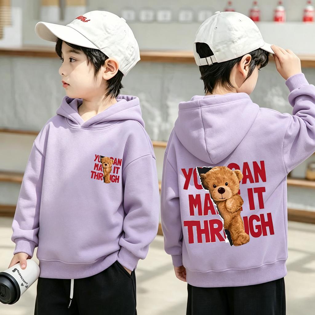 Children Pullover Hoodie Cute Bear Graphic Print Front And Back Casual Streetwear Hooded Sweatshirt