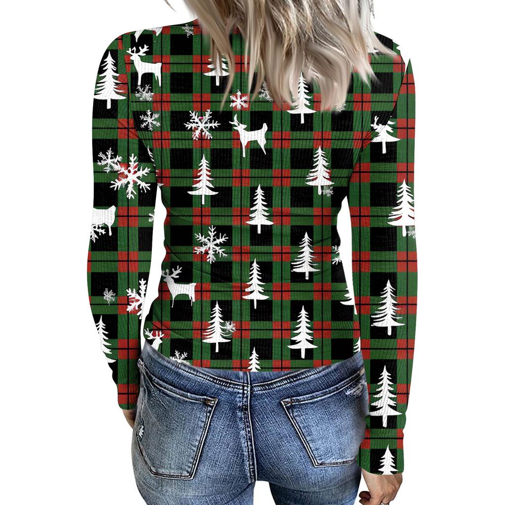 Women's Winter Slim-Fit Base Layer T-Shirt Fashionable Christmas Print V-Neck Pullover Long-Sleeved Top