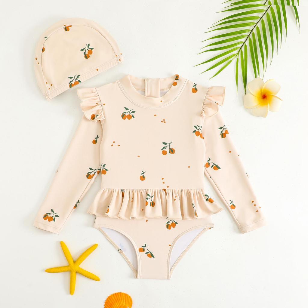 New Summer Children's Swimwear Girls' Bikini Cartoon Print Baby Boys' Swimsuit Long Sleeve Sunscreen Beach Swimming Clothing