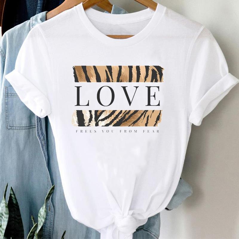 (Asian Size) Women Print Letter Leopard Lovely Style Trend Cute Tee Top Clothing Casual Short Sleeve Fashion Tshirt Lady Female Graphic T-shirt