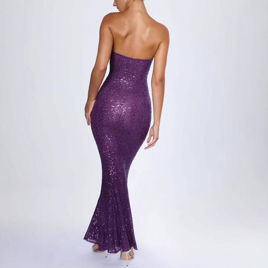 European and American women's clothing new summer tube top sequins sexy slim evening dress dress backless long dress women