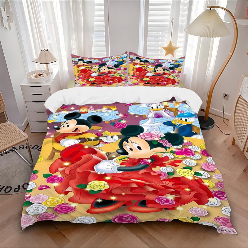 3pcs Mickey Mouse Minnie Mouse Floral Bedding Set, Includes 1 Quilt Cover and 2 Pillowcases, Comfortable Bedding with Stylish Design for Bed