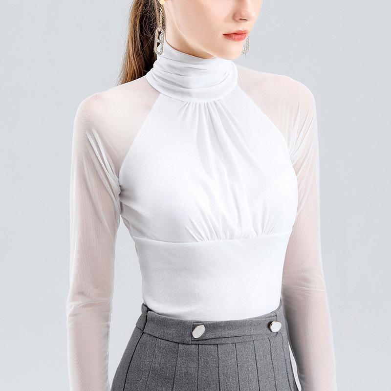 Black Pleated Mesh Turtleneck Bottoming Shirt Women's New Slim-fitting and Thin T-shirt Temperament Thin Long-sleeved Top