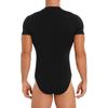Skinny Fit Men Bodysuit Short Sleeve Round Neck Undershirt with Press Button Crotch Solid Color Leotard Top