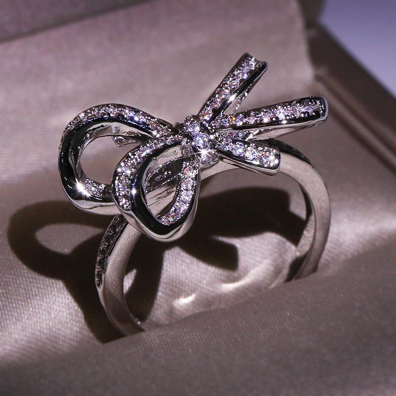 Newest Bow Knot White Zircon Jewelry Palace Bow Knot Anniversary Cubic Zircon Rings for Women Jewelry Fine Jewelry