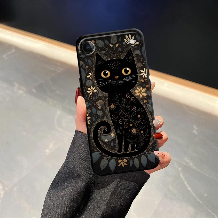 Черный Мягкий Чехол для Телефона для iPhone 17Air XS Max XR 7 8 15 16 14 Plus 13 12 11 17 Pro Max Мультяшный Кот