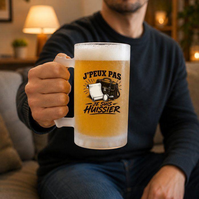 Verre à Bière J’peux pas je suis Huissier J'peux pas minimaliste | Chope Givrée en Verre Trempé 470 ml à Anse Recto Verso | Apéro
