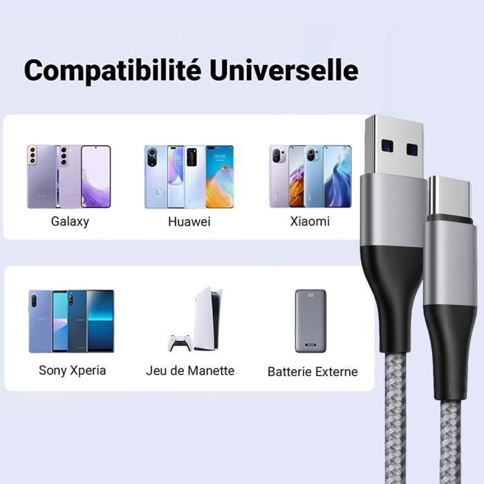 2x Câble USB-C Nylon Rapide 3A pour Xiaomi Redmi 14C 13C, Redmi Note 13/Note 14 4G-5G, Note 13 Pro Plus 5G - Gris 1 Mètre