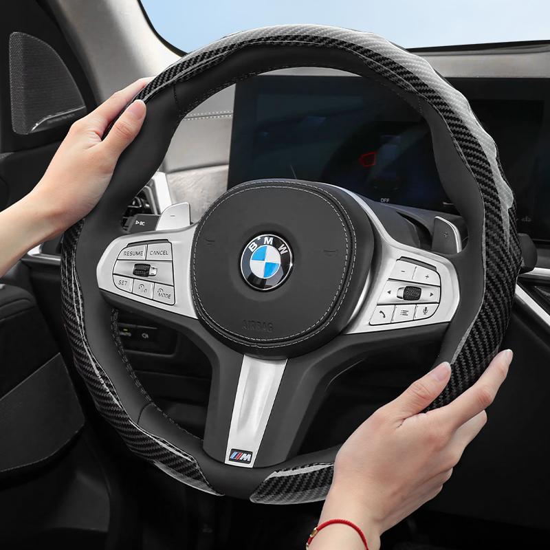 Suitable for Bmw Carbon Fiber Texture Steering Wheel Cover with Snap-On Wave-Shaped Sports Design Protective Case for Models Such as E90 E46 E60 F30