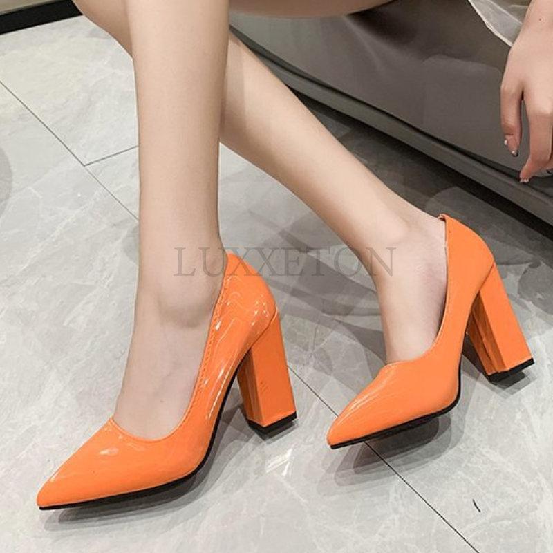 Туфли на высоком каблуке, цветные, женские туфли, с острым носком, модные, розовые, на толстом каблуке, лакированная кожа, женские, большие размеры 35-43, Tacones Mujer