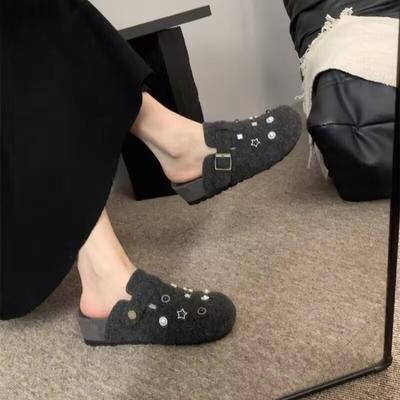 Шерстяные заклепки, стразы, женские новые ретро полушлепанцы баотоу на толстой подошве, женские уличные шлепанцы