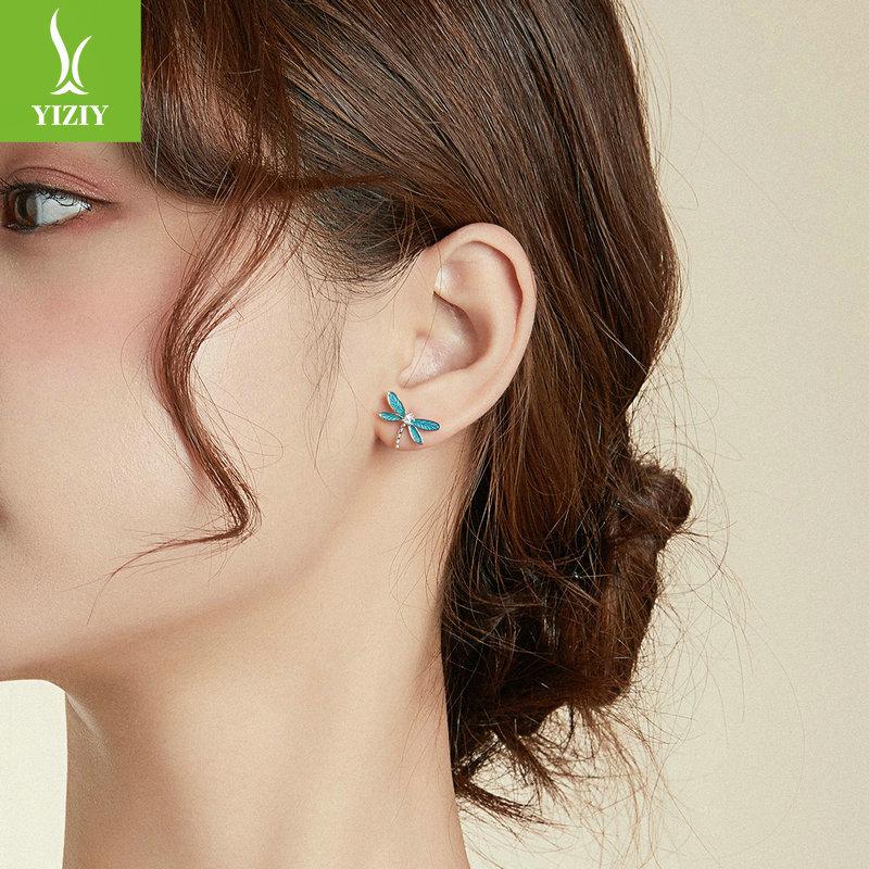 Синие серьги-пусеты в виде стрекоз с капающей эмалью, Нишевые темпераментные серьги-насекомые из серебра S925 Bse455