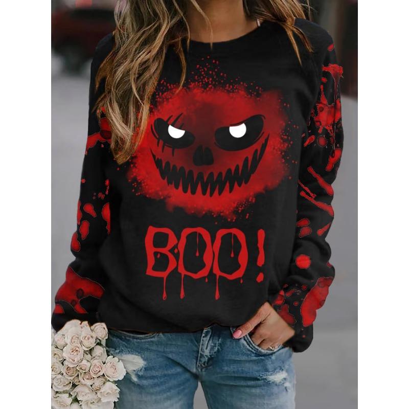 Women's T-shirt Halloween Pumpkin Print Fashion Long Sleeve Round Neck Regular Top Holiday Weekend Spring and Autumn
