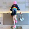 Girls' Hip-Hop Rainbow Braids Short-Sleeve Street Dance T-Shirt