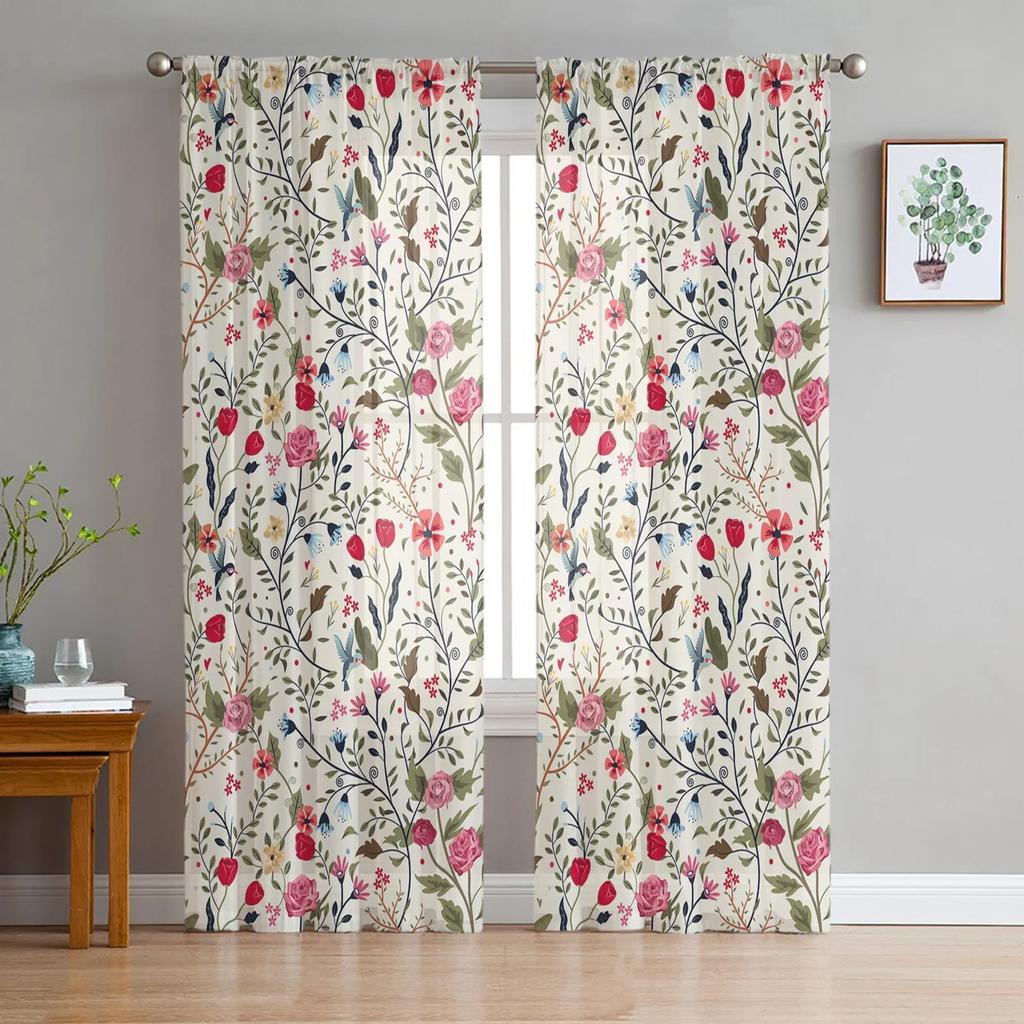 Watercolor Painting Flowers Leaves White Tulle Sheer Curtains for Living Room Bedroom Decor Window Curtain Voile Organza Drapes