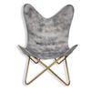 Backrest Living Room Gray Color Genuine Buff Leather Butterfly Chair - with Golden Powder Coated Iron Stand