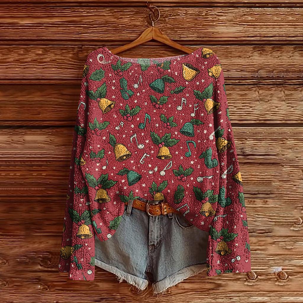 Women's Christmas Print Lightweight Sweater Casual Long Sleeve Knitted Pullover