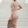 Women Fashion Casual Solid Color  Button Decoration Sexy Slim Long Sleeve Knit Split Dress