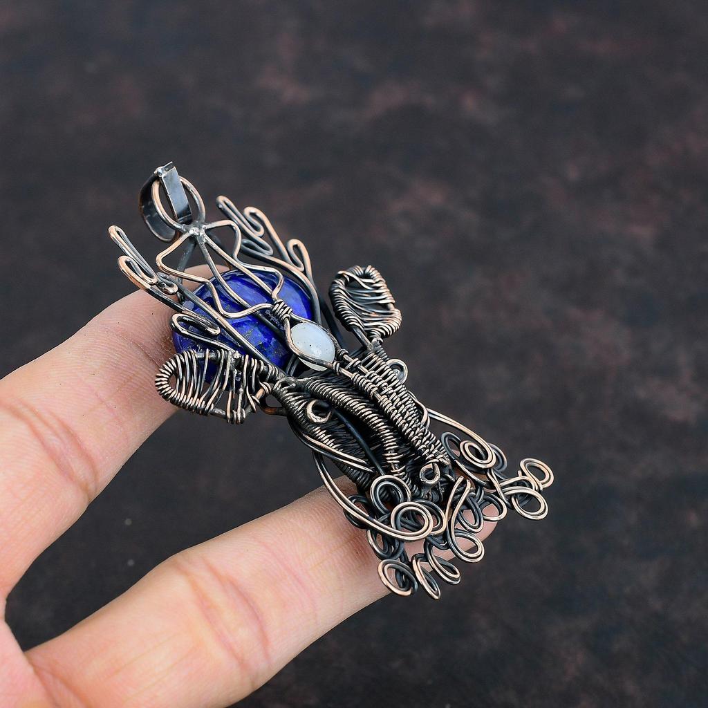 Подвеска из лазурита, медная проволочная обертка, подвеска из лунного камня, подвеска в виде оленьей морды, медная подвеска ручной работы, подарки для нее, подвеска в виде проволочной обертки
