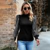 Women Winter Half High Neck Long Sleeve Sequins Splicing Knit Sweater Top