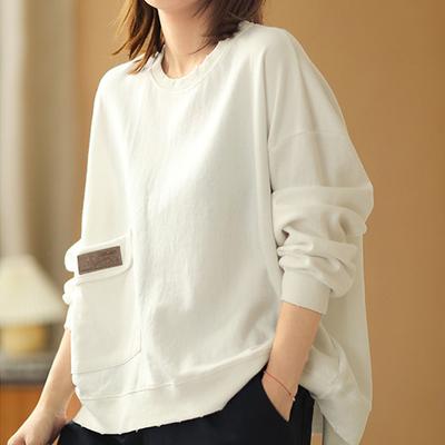 Весенне-осенняя женская мода, простая повседневная хлопковая толстовка с круглым вырезом, длинными рукавами, однотонный карманный пуловер