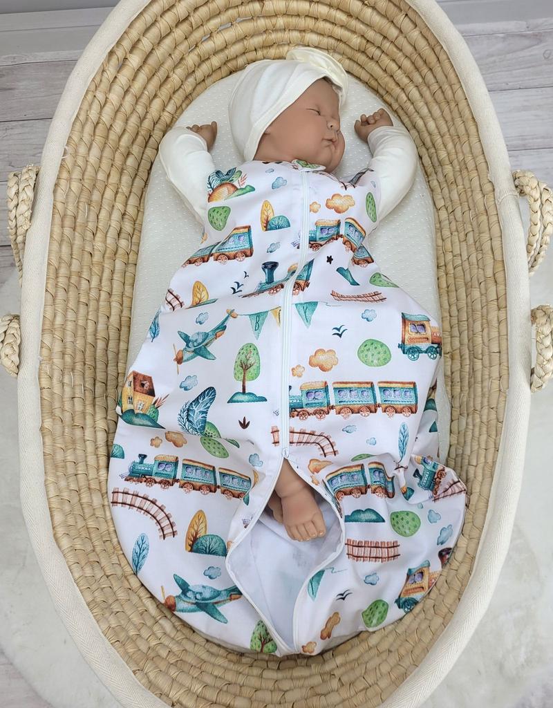 Cotton rounded sleeping bag for children S 0-6 months summer TOG 1.0 - turquoise train