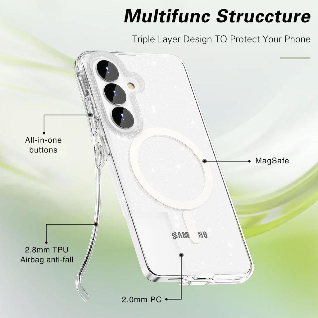 Новый магнитный чехол для мобильного телефона Samsung S26Plus подходит для утолщенного прозрачного чехла-«Терминатора» с блестками MagSafe, противоударного.