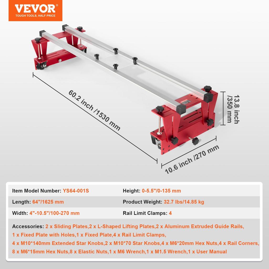 VEVOR Router Sled, 64 inches/162.6 cm, Portable and Easy to Adjust Slab Flattening Jig, DIY Woodworking Router Sled for Flattening Slabs