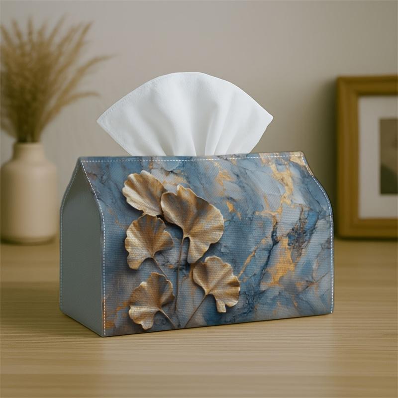 1pc Modern Luxury Abstract Tissue Box-Golden Ginkgo Leaf Blue Marble, Durable Napkin Organizer for Car, Kitchen, Dining, Home Decor-Decorative Tableto